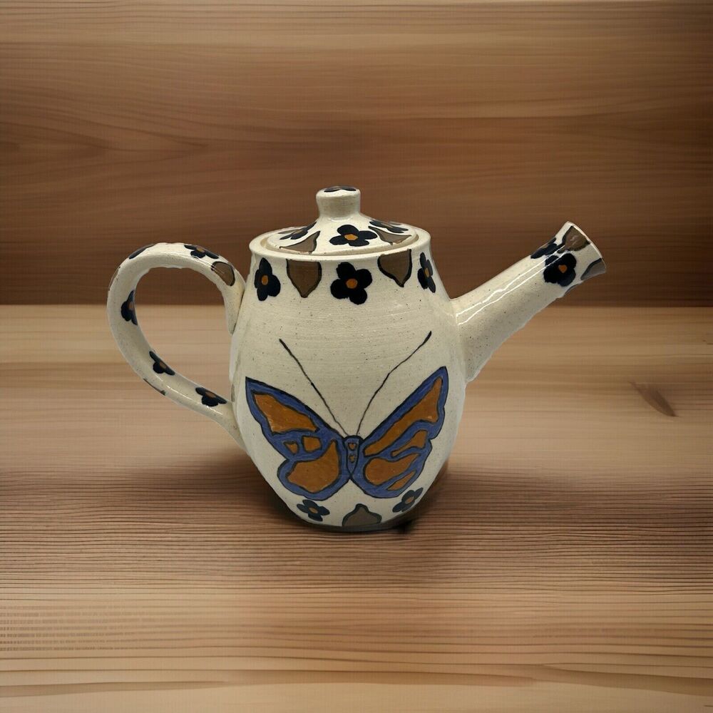 Artist Handmade Glazed Pottery Pitcher Butterfly Floral Design Spring Decor